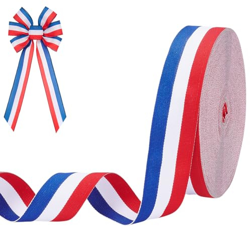 WADORN 50 mètre Ruban Gros Grain Rayé Rouge Blanc et Bleu, 40mm Ruban en Polyester Double Face à Rayures pour Emballage Cadeau Décoration de Vêtements Maison Fête Mariage Noël