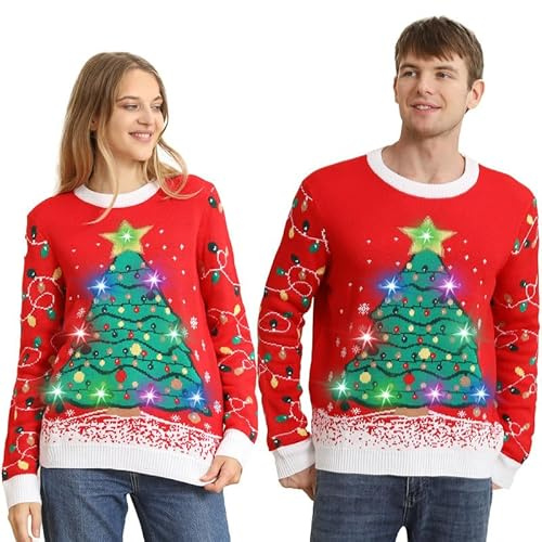 Kouric Jersey Navideño Luces,Jersey Navidad Mujer/Hombre con Estampado de Reno en la Nieve,Ugly Christmas Sweater,Jerseys Navideños,Suéter Navideño Pareja Gracioso,Christmas Jumper