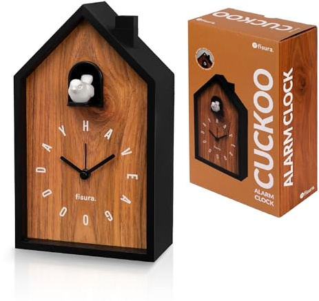 FISURA – Analoger Kuckuckswecker in Häuschenform Madera“. Origineller Wecker mit Zeigern, Schlummertaste und Lichtfunktion. 3X AA-Batterien erforderlich (Nicht enthalten).
