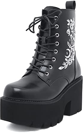 HFWXYSA Stivali Invernali da Donna Neri Gotici Punk con Plateau Goth Fibbia Demonia Zipper Creeper Wedges Mid Calf Scarpe,Nero,35 EU