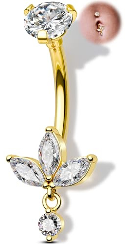 OUFER 14G Or Lotus Piercing Nombril à Pendentif en Acier Chirurgical 316L, Anneau de Nombril avec CZ Marquise, 10 mm Barre Bijou de Piercing pour Soirées Femmes