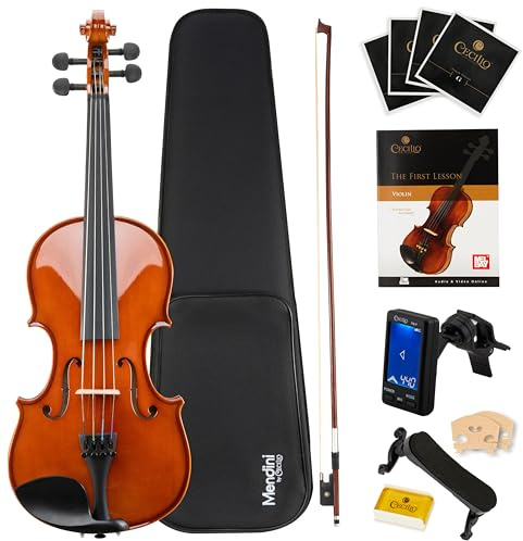 Mendini By Cecilio Violin 4/4 Full Size For Beginners - Fiddle Solidwood Kit with Hard Case - Acoustic Violins with Bow, Rosin, Tuner, Extra Strings & Bridge, Shoulder Rest and Lesson Book (Varnish)