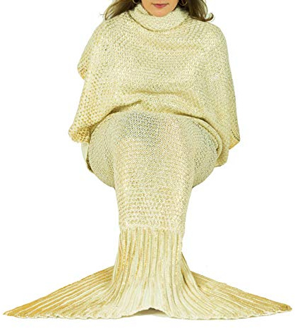 Modo Luxury Mermaid Tail Blanket for Teens and Adult (Cream/Gold Shine)