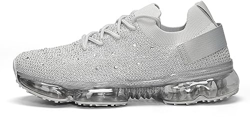LUCKY STEP Women Air Cushion Fashion Sneakers Breathable Casual Comfortable Lightweight Walking Shoes(Grey Rhinestone,9 B(M) US)