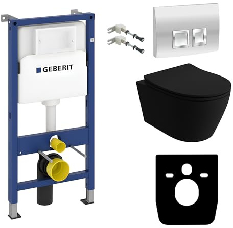 Lavita Duofix Basic Praia Ensemble complet de chasse d'eau encastré avec abattant de WC avec système d'abaissement automatique et panneau de commande Delta 25 - Bouton chromé - Noir