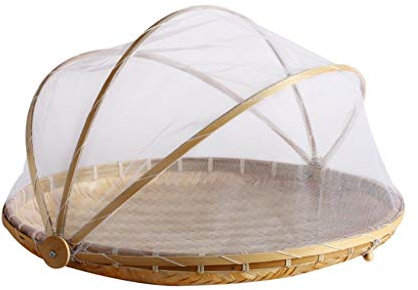 SCUDGOOD Corbeille à fruits et légumes en bambou tissé à la main avec filet rond anti-poussière en osier, plateau de pique-nique, plats à pain avec housse en gaze, rangement en maille, pelle à