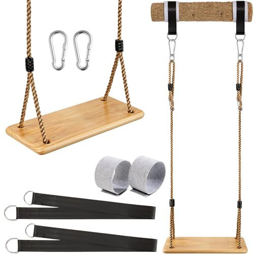 Wooden Swing Hanging Tree Swings, Wood Swings Seat 17.3 * 7.7in to Kids Children with Adjustable Rope Plus Tree Straps for Backyard, Playground, Porch, Patio, Garden, Park or Home