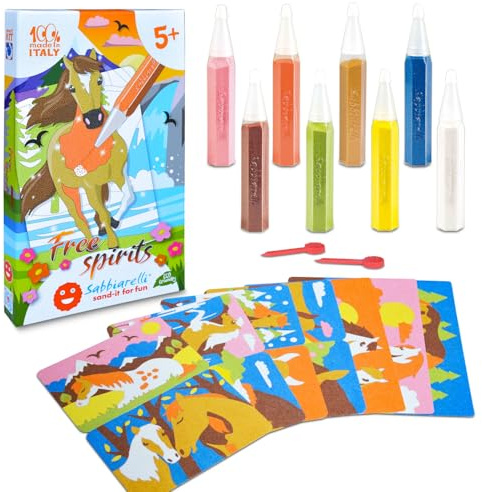 Sabbiarelli Sand-it For Fun – Kit Free Spirits 5+ | Kit de Sand Art con Caballos 100% Made in Italy con Arena de Colores, Dibujos Adhesivos y Accesorios | Manualidades Creativas para Niños 5-12 años