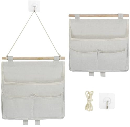 GOWTX 2Pcs Wall Hanging Storage Bag, Linen Fabric Hanging Storage, High Capacity Hanging Storage Bag with Pockets, Wall Mounted Hanging Pocket Bag with Hook for Bedside Dormitory Bathroom