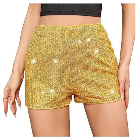 Women's Sequin Shorts, High Waisted Elastic Straight Leg Shiny Hot Pants, Sexy Sparkle Glitter Rave Shorts for Party Concert, Casual Loose A Line Hot Pants for Club Wear Night-Out Dance Costume