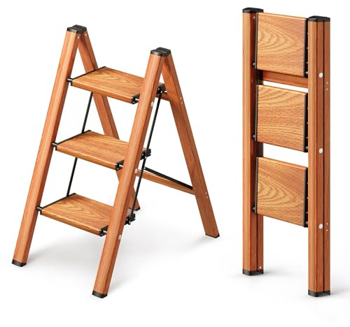GameGem 3 Step Ladder, Folding Step Stool with Anti-Slip Wide Pedal, Aluminum Material Lightweight yet Sturdy, 150KG Load, Cute Modern Apperance for Indoor Household Spaces, Woodgrain