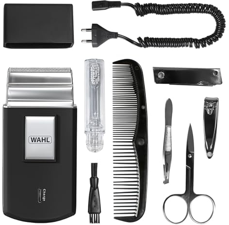 WAHL Travel Shaver Kit, rechargeable, grille de rasoir flexible, inclu une brosse à dents, une lime à ongles, coupe-ongles, une pince à épiler, un peigne, parfait pour le voyage, petit, étui de voyage