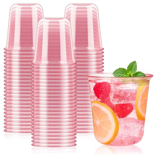 Jycnolm 50 Pcs Pink Plastic Cups, 12 Oz Disposable Stemless Wine Glasses Cocktail Pink Party Cups for Meeting, Wedding, Birthday, Valentines Party