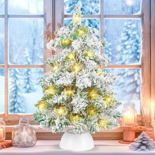 Tabletop Christmas Tree 45cm, Snow Flocked Mini Tabletop Christmas Tree, Artificial Xmas Trees Desktop Ornaments for Xmas, Home, Kitchen Decor (45CM)