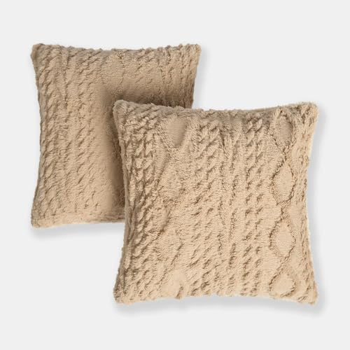 OHS Set of 2 Cushion Covers, Soft Cosy Cable Knit Design Decorative Square Throw Pillow covers with Invisible Zipper for Couch Bedroom Living Room 45 x 45cm, Natural