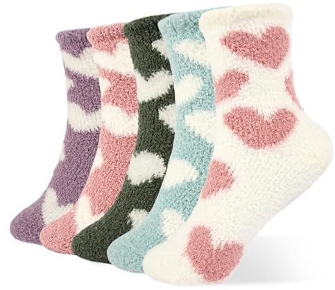 DELAESI Calcetines de peluche para mujer, 5 pares, forro polar coral, calcetines mullidos, cálidos, elásticos, calcetines para dormir, para invierno, Navidad