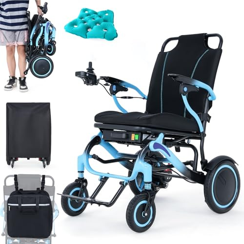 WEYRAL silla de rueda eléctrica plegable, 19 kg, 2 pilas de 12 Ah, 45 km de alcance, silla de ruedas de fibra de carbono, con cojín de asiento