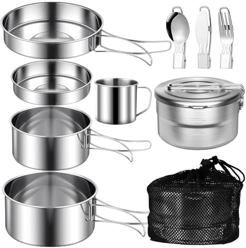 10PCS Set de Cuisine de Camping en Acier Inoxydable, Kit de Casseroles Camping avec 1.5L Marmite de Camping, Poêles, Couverts Pliables et Tasses de Camping, pour Camping, Randonnée et Pique-Nique