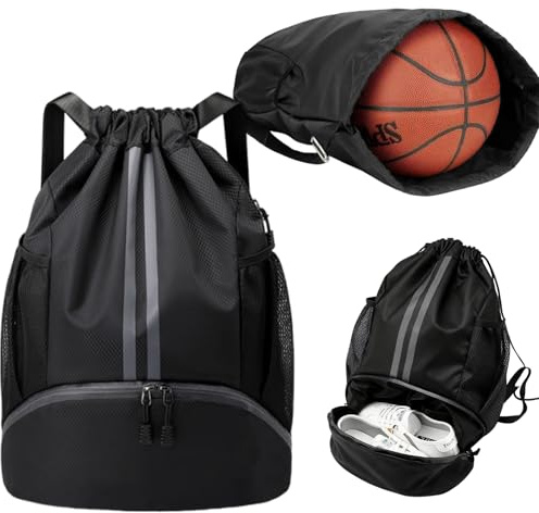 YANJINGSHE 35L Waterproof Drawstring Bag - Sports & Swimming Backpack with Shoe Compartment & Wet/Dry Pockets and mesh Water Bottle Pocket for Gym, Football & PE Kit (Black)