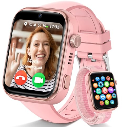 4G Reloj Inteligente Niño, Smartwatch Niños con GPS y Llamadas, Videollamadas, Chat de Voz, SMS, WhatsApp, SIM, SOS, Modo Escuela, WiFi, Localizador, Podómetro IP68 Reloj Niño y Niñas Rosa Regalo