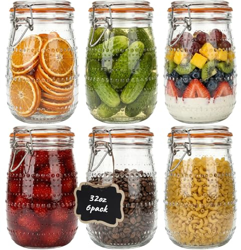 CycleMore 32oz Mason Jars, 6-Pack Weck Jars with Airtight Clip Lids, Wide Mouth Canning Jars, Quart Glass Canister– Ready for Kitchen Storage, Pickling, Coffee, Sugar, Flour