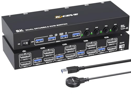 DP KVM-switch 4-dator 2 bildskärmar, KCEVE USB 3.0 Displayport KVM-omkopplare för två bildskärmar, stöder 4K@60 Hz för 4 DP-datorer som delar 2 DP-bildskärmar, tangentbord och mus
