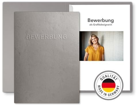 6 Stück 2-teilige Bewerbungsmappen Grau mit 1 Klemmschiene in feinster Lederstruktur - hochwertige Prägung „BEWERBUNG“