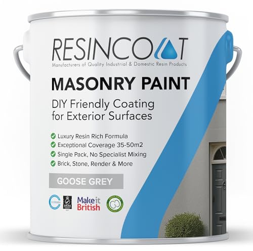 Resincoat Masonry Paint, Durable Exterior Paint for Walls & Outdoor Surfaces, Weather Resistant, Low VOC Single Pack Acrylic Resin Formula, Up to 50m2 Coverage, Smooth Matt Finish, Goose Grey, 5KG