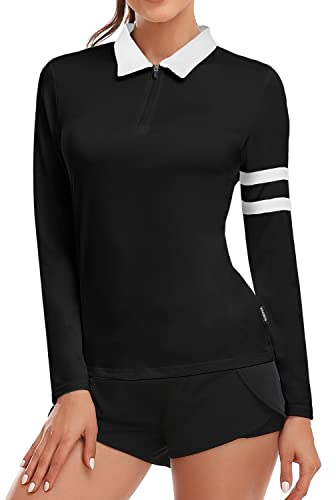 Soneven 1/4 Reißverschluss Golf Poloshirt Damen Langarm Schwarz Polohemd Sport Polo Langarmshirt Damen Sportshirt mit Kragen für Wandern Golf Angeln 36