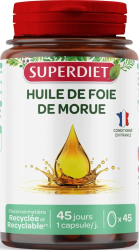 SUPERDIET - HUILE DE FOIE DE MORUE - Source de Vitamine A et Vitamine D - Nutrithérapie - Conditionné en France - 45 capsules