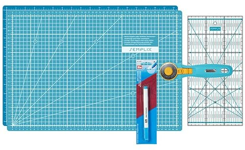 SEMPLIX Skärmattor set – skärunderlägg 45 x 30 cm (A3), rullskärare Maxi, lapptäcke linjal + PRYM Aqua trickmarkör (turkos/petrol)