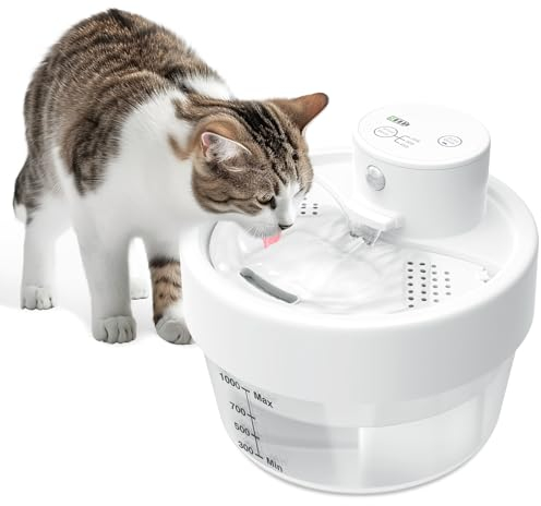 Jewyow 1L Katzenbrunnen Kabellos, Leiser Trinkbrunnen für Katze, 120° Bewegungsmelder Katzentrinkbrunnen mit Batterie Anzeige, 3 Modus, 2200mAh für Katzen, Hunde