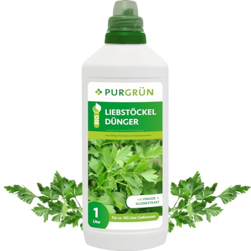 Purgrün® Bio-Liebstöckel-Dünger 1 Liter – Hoher Ertrag dank extra Phosphor – Bio & Vegan – Premium-Flüssigdünger – Ohne tierische Inhaltsstoffe – Ergiebiges Konzentrat für 100 Liter Wasser