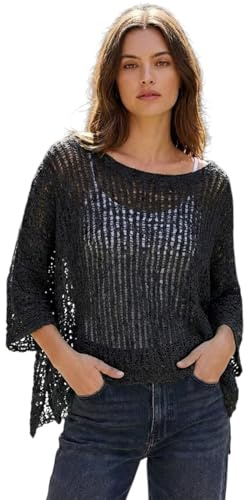 Alam Exclusive Top de palomitas de maíz de ganchillo de gran tamaño para mujer, diseño de ala de murciélago, boho, red de pesca de verano, Negro, 8-18