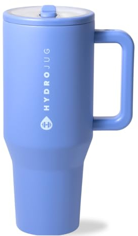 HydroJug Traveler Wasserflasche mit Griff und Strohhalm, passt in Becherhalter, auslaufsicherer Becher, wiederverwendbar, isolierter Edelstahl und Gummiboden, Geschenk für Damen und Herren, Hellblau