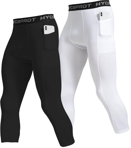 HYCOPROT Lot de 2 Homme 3/4 Pantalon de Compression avec Poches Séchage Rapide Leggings de Sport Pantalon de Base Layer Collant pour Basketball Fitness Jogging (Black/White, M)