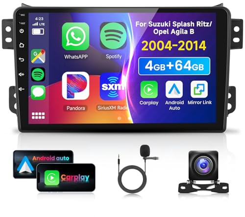 4G 64G VECHTEL 9-tums Bluetooth-bilradio för Suzuki Splash Ritz/Opel Agila 2004–2014 Carplay Android Auto DSP EQ, 1280 x 720, wifi GPS, Mirror Link pekskärm, RDS/FM-radio 2 DIN med AHD backkamera