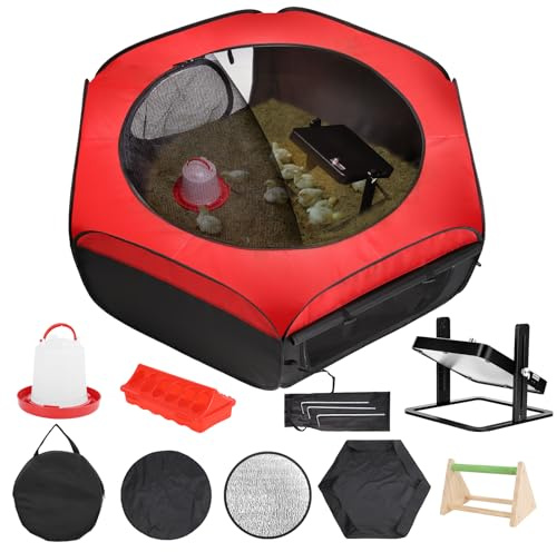 FAMIROSA Brooder Box for Chicks Starter Kit, Pop up and Breathable Chicken Brooders, Collapsible Brooding Box/Playpen with 10 x 10in Brooder Plate, Chicken Waterer, Feeder, Perch for Duck, Quail