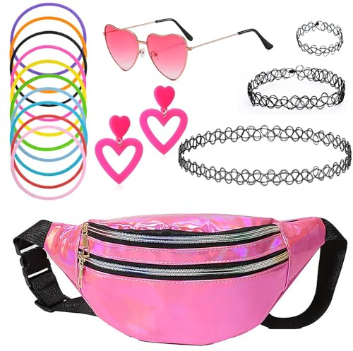 Tenue des années 90 pour femme, 17 accessoires des années 90 avec sac banane rose et rouge, lunettes en forme de cœur, chaîne de tatouage, chaîne de poignet, boucles d'oreilles