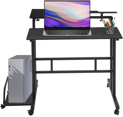 Höhenverstellbarer Schreibtisch auf Rollen – PC Tisch mit Kippfunktion, Tragkraft 20kg, Mobile Arbeitsplatte für Homeoffice/Büro, Moderner Laptop Tisch höhenverstellbar (Schwarz, 74x54x115cm)