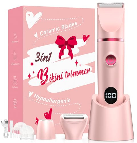 Crolanli Bikini Trimmer for Women, 3-in-1 Electric Razors for Women, IPX7 Waterproof Rechargeable Cordless Pubic Hair Shaver, with LED Display, for Ladies Bikini Pubic, Face, Underarms, Legs(Pink)