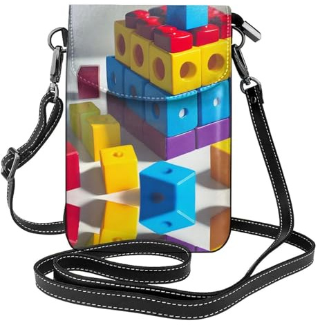 Cartera pequeña cruzada para teléfono con diseño de bloques de construcción coloridos, con tapa abatible, perfecta para ir de compras, viajes y uso diario.