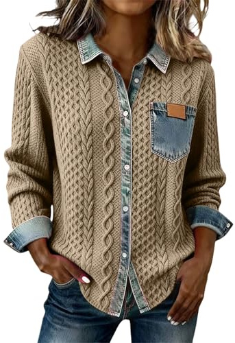 Suéter de punto de mezclilla para mujer y manga larga, cuello en V, cuello de solapa, botones, costuras de retazos, estilo retro, holgada, blusas de mezclilla casuales para primavera, caqui, M