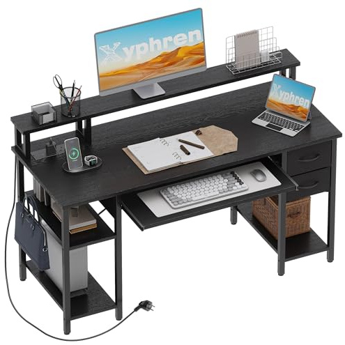 Xyphren Skrivbord med 2 lådor, Datorbord Gaming bord med tangentbordshylla, höjdjusterbar sidohylla, monitorställare och eluttag för hemmakontor och vardagsrum,140 * 50cm,Svart