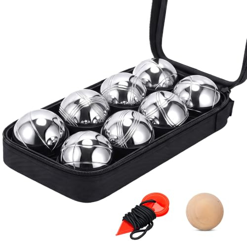 French Boules Set - 8x Steel Bocce Ball with 1x Wooden Jack & 1x Measuring String – Petanque Set with Zippered Carry Case – Ideal for Garden, Beach, Camping & Lawn Games