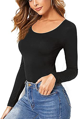 Women Ladies Long Sleeve Round Neck Plain Top Stretchy Casual T Shirts Basic Slim fit Tee Tops 12-14 - Black