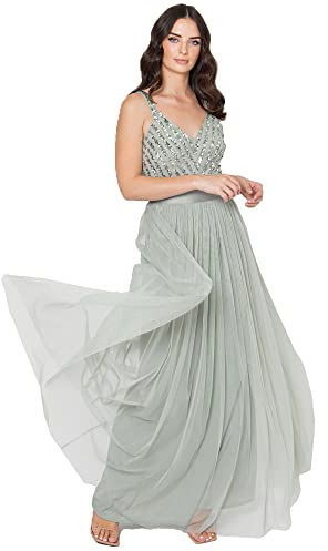 Maya Deluxe Women's Ladies Maxi Dress Long Length Wedding Guest Bridesmaid Prom Summer Evening Gown V Neck Straps Bow Tie, Green Lily, 12