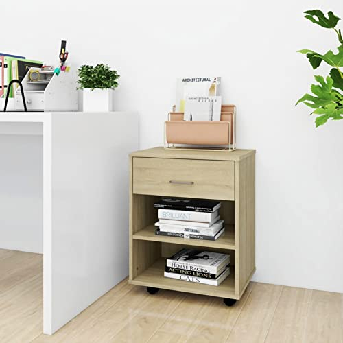 Tidyard Rullskåp, rullcontainer, skrivbord, arkivskåp, skrivarbord med hjul, kontorsbehållare, kontorsvagn, sidovagn, byråskåp, sidobord, skåp, Sonoma-ek 46 x 36 x 59 cm, trämaterial