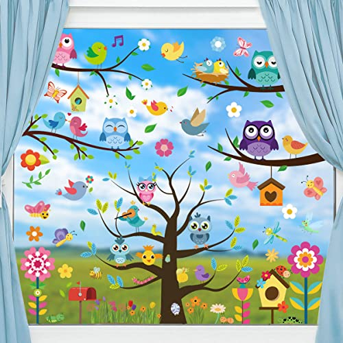 Fensterbilder Frühling Selbstklebend Fensteraufkleber Sommer DIY Pflanze Wandtattoo Vögel Baum Aquarell Blumen Fensterbild Aufkleber für Wohnzimmer Schlafzimmer Wanddeko (B)