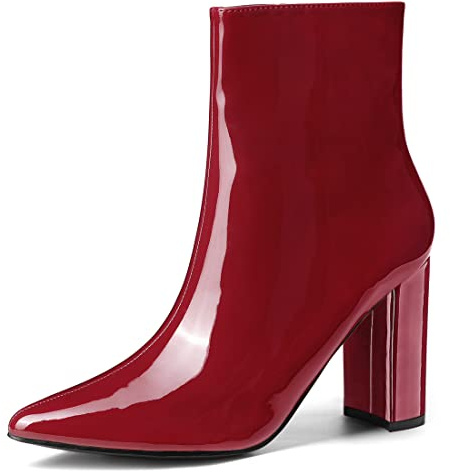 Allegra K Women's Pointed Toe Zip Chunky Heels Red Ankle Boots 7 M US